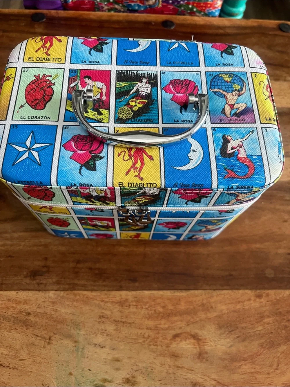 Makeup Organizer Case with Lotería Print in Blue